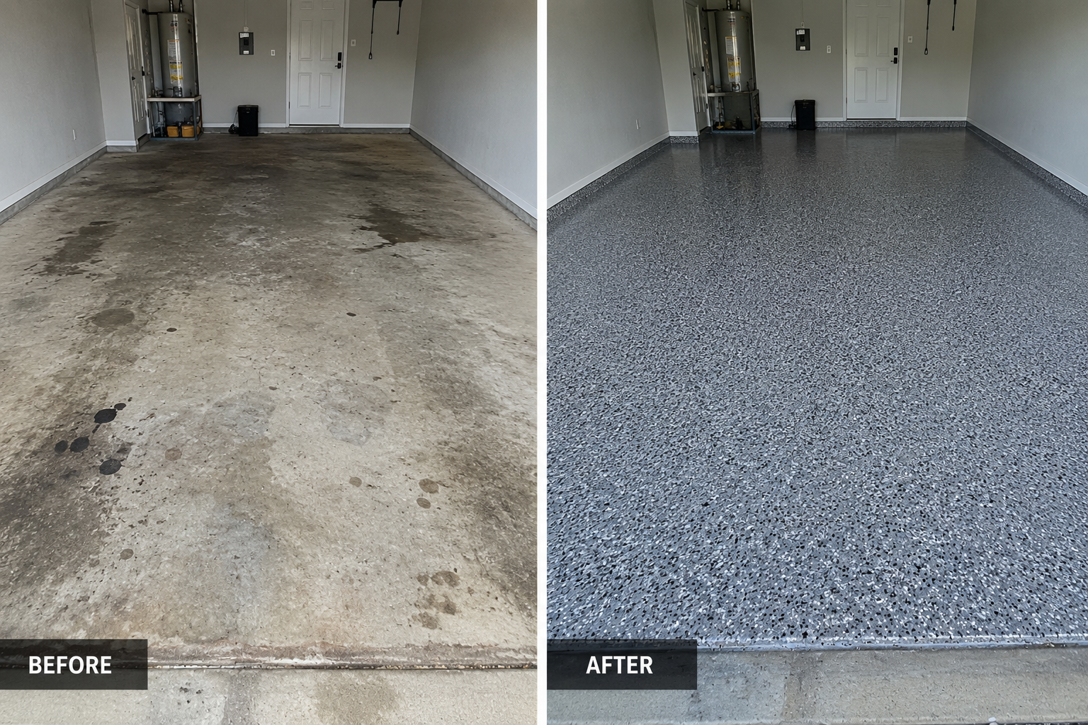 Before and after: oil-stained two-car garage concrete floor resurfaced with a gray and black decorative flake epoxy coating