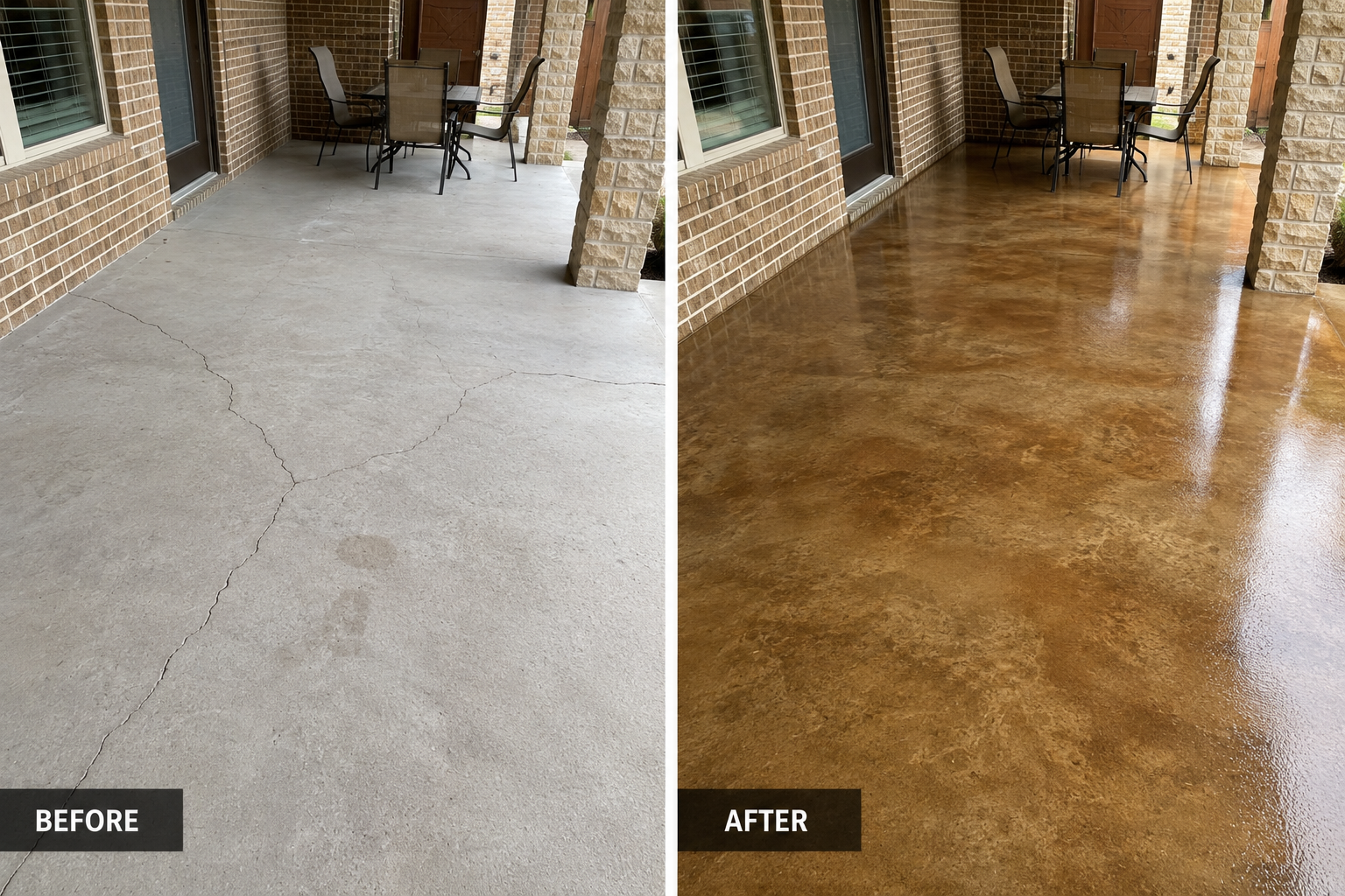 Before and after: cracked gray back patio concrete transformed with a rich brown acid-stain and clear sealer