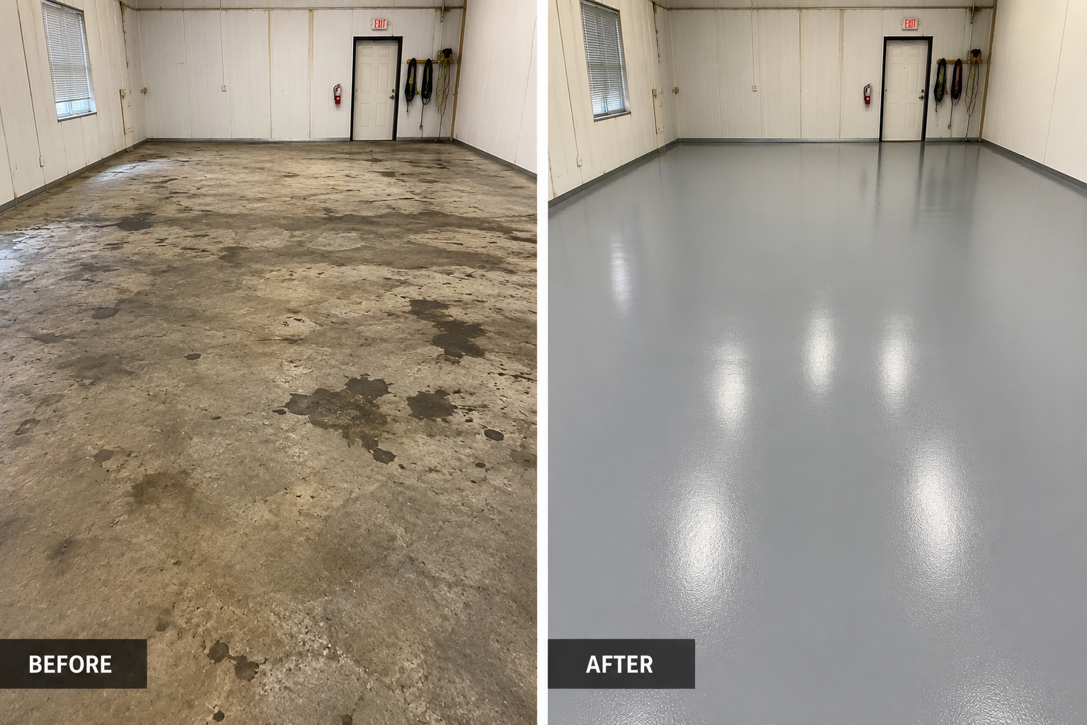 Before and after: heavily oil-stained industrial shop concrete floor coated in a glossy solid gray epoxy
