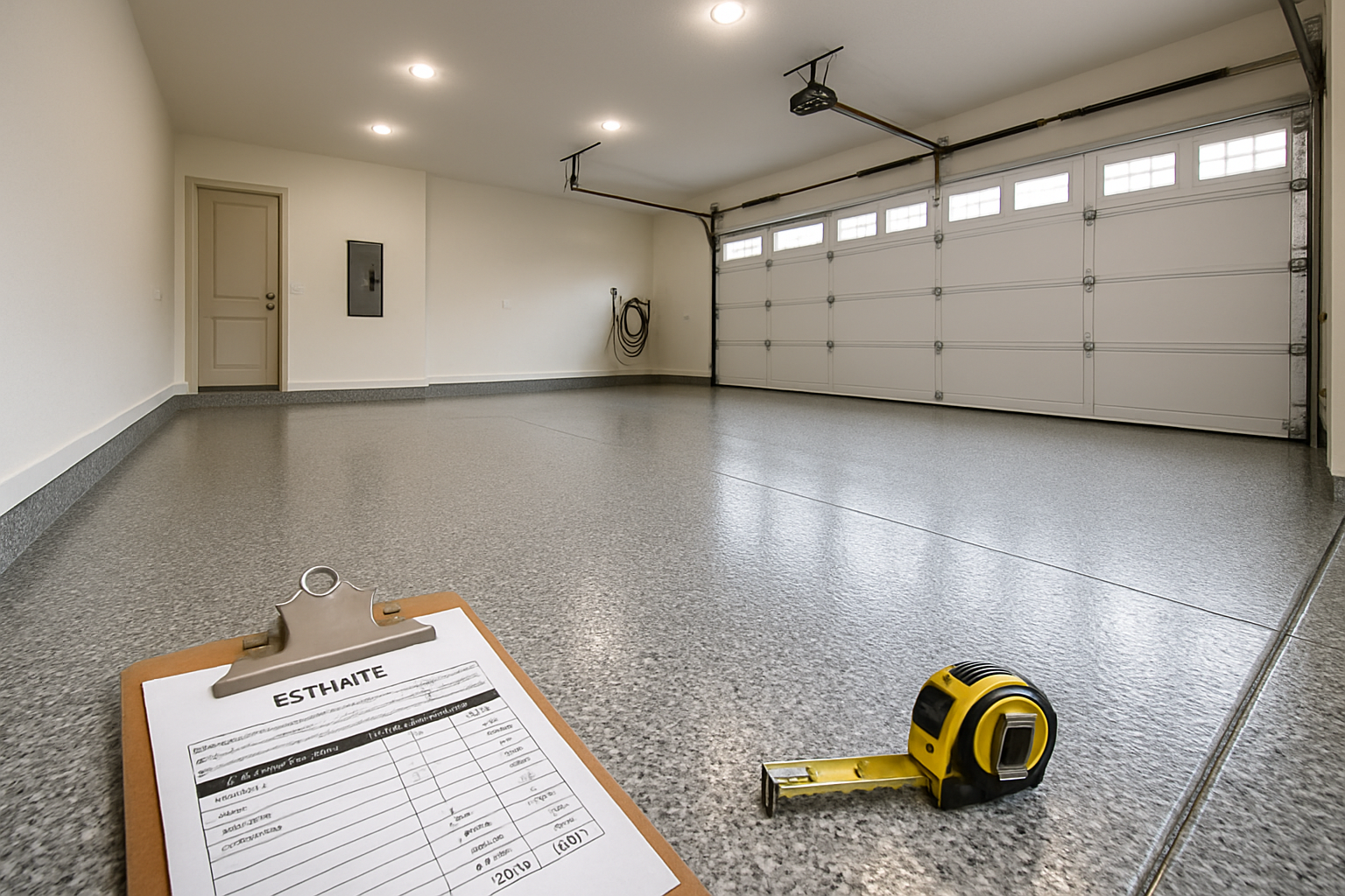 Epoxy garage floor with contractor pricing clipboard in Fulshear TX