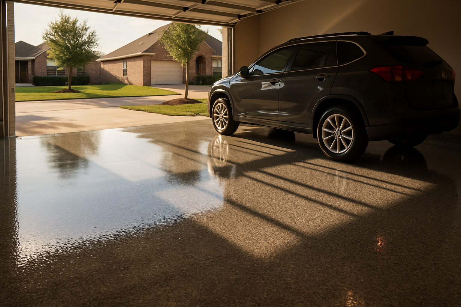 Long-lasting epoxy floor in Houston-area garage with car parked on it