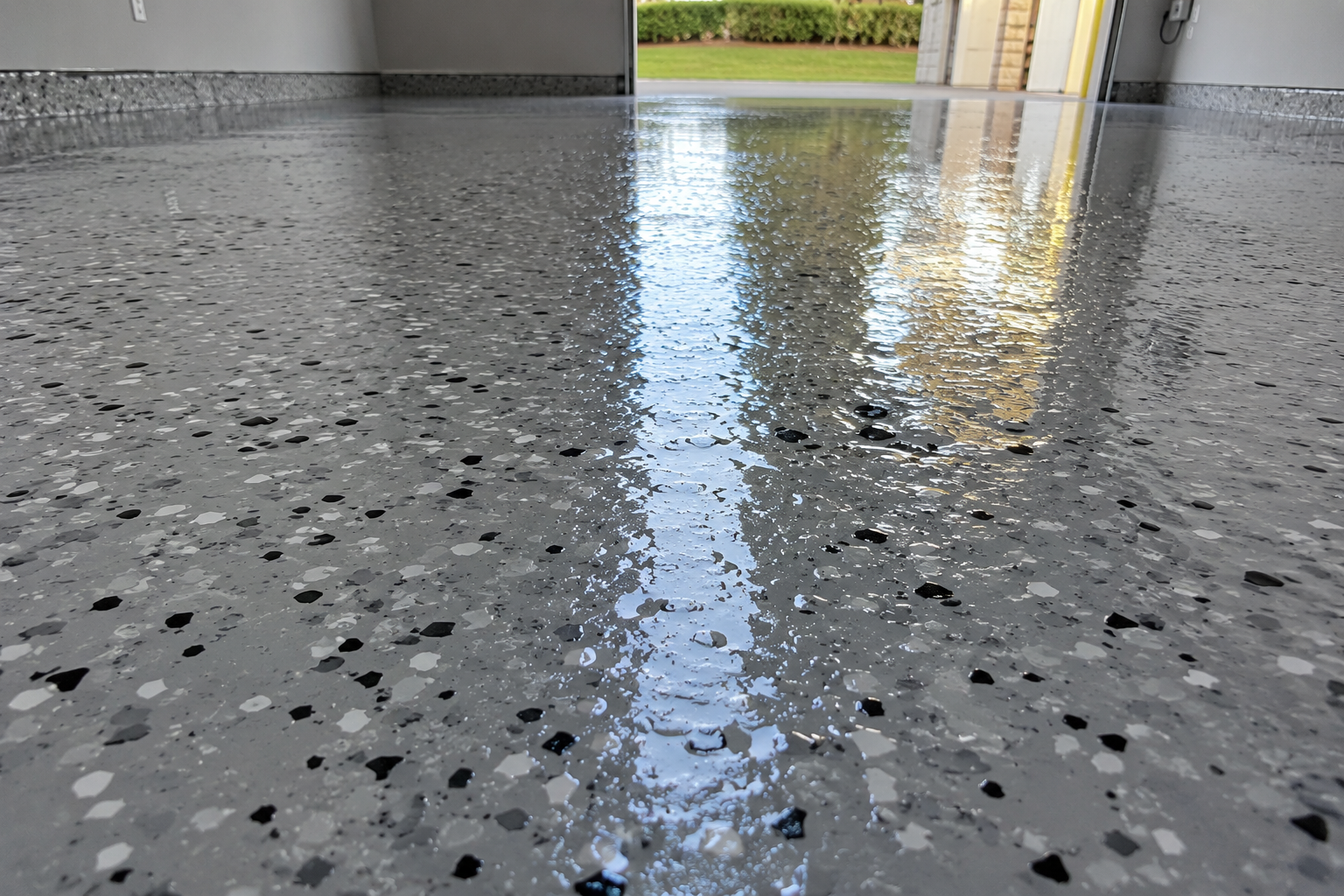 Close-up of decorative flake floor coating in a Fulshear garage, showing the finished flake surface meeting freshly prepped concrete